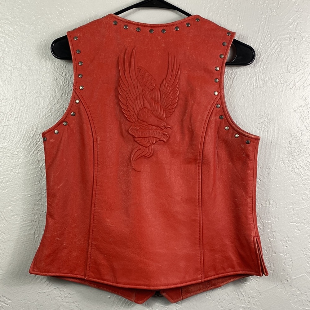 Harley Davidson Red Orange Leather Vest Studded Eagle Imprint Womens Medium CL